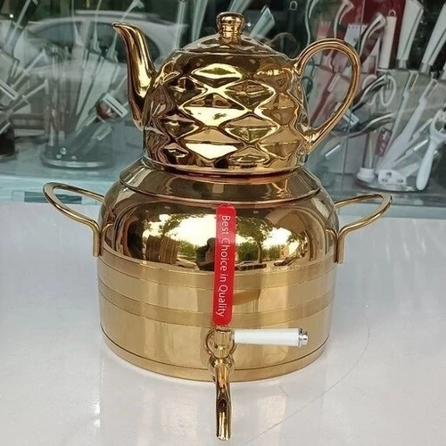 کتری قوری فلورنس طلایی و طرح سنگ و استیل کف چدن
