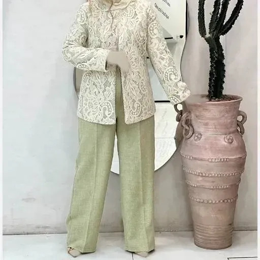 ست مانتو و شلوار مجلسی زنانه گیپور و مازراتی مرواریدی مدل مزونی