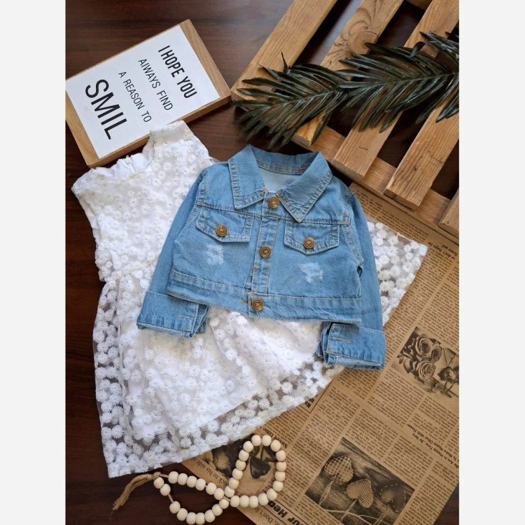ست کت جین و سارافون تور خامه دوزی دخترانه طرح پروانه