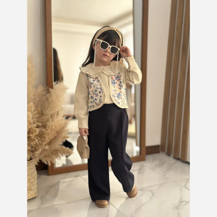 ست سه تیکه دخترانه مجلسی شومیز و شلوار و وست مازراتی