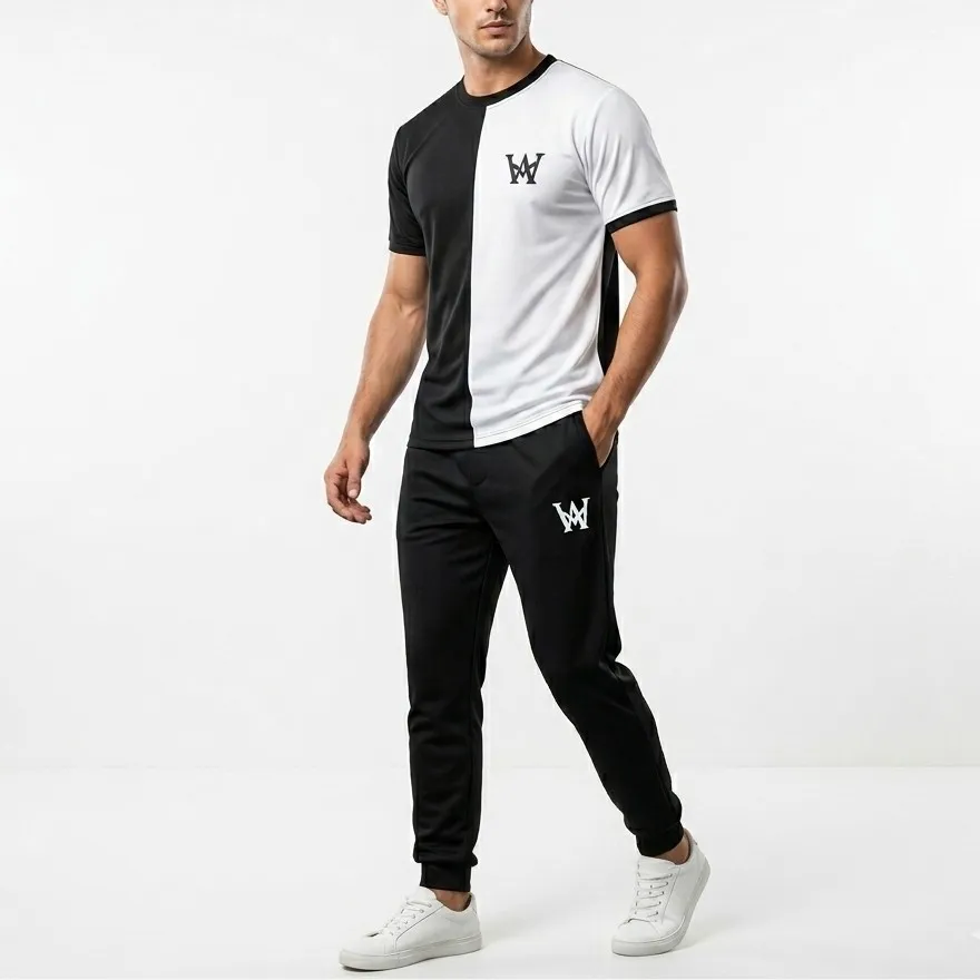 ست تیشرت و شلوار مردانه مدل SHBW جنس پارچه زهره لاکرادار درجه یک رنگ مشکی سفید