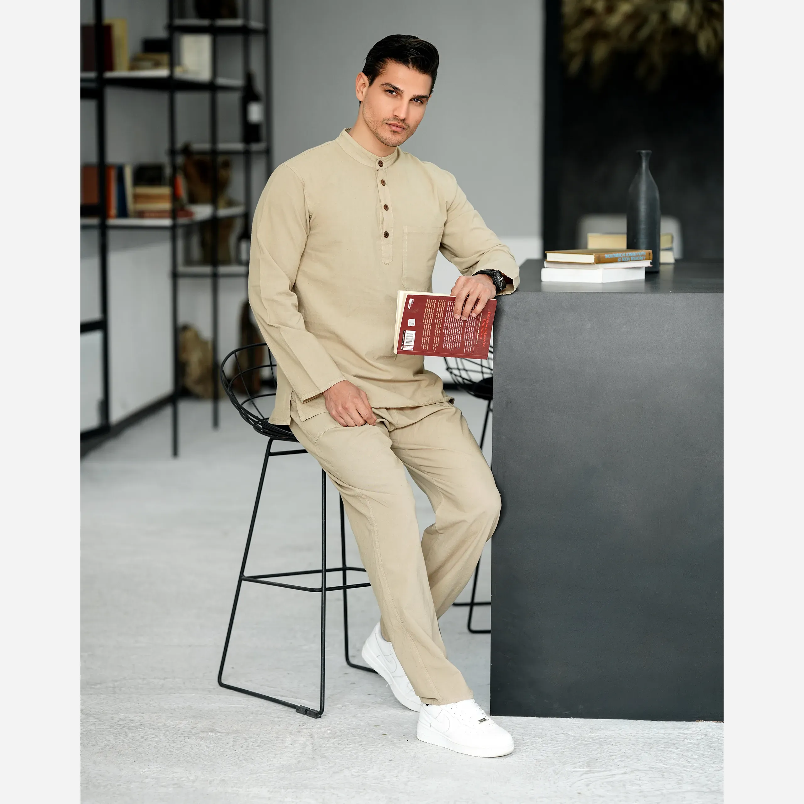 پیراهن مردانه الیاف طبیعی 100 درصد پنبه مدل آرین رنگ کرم
