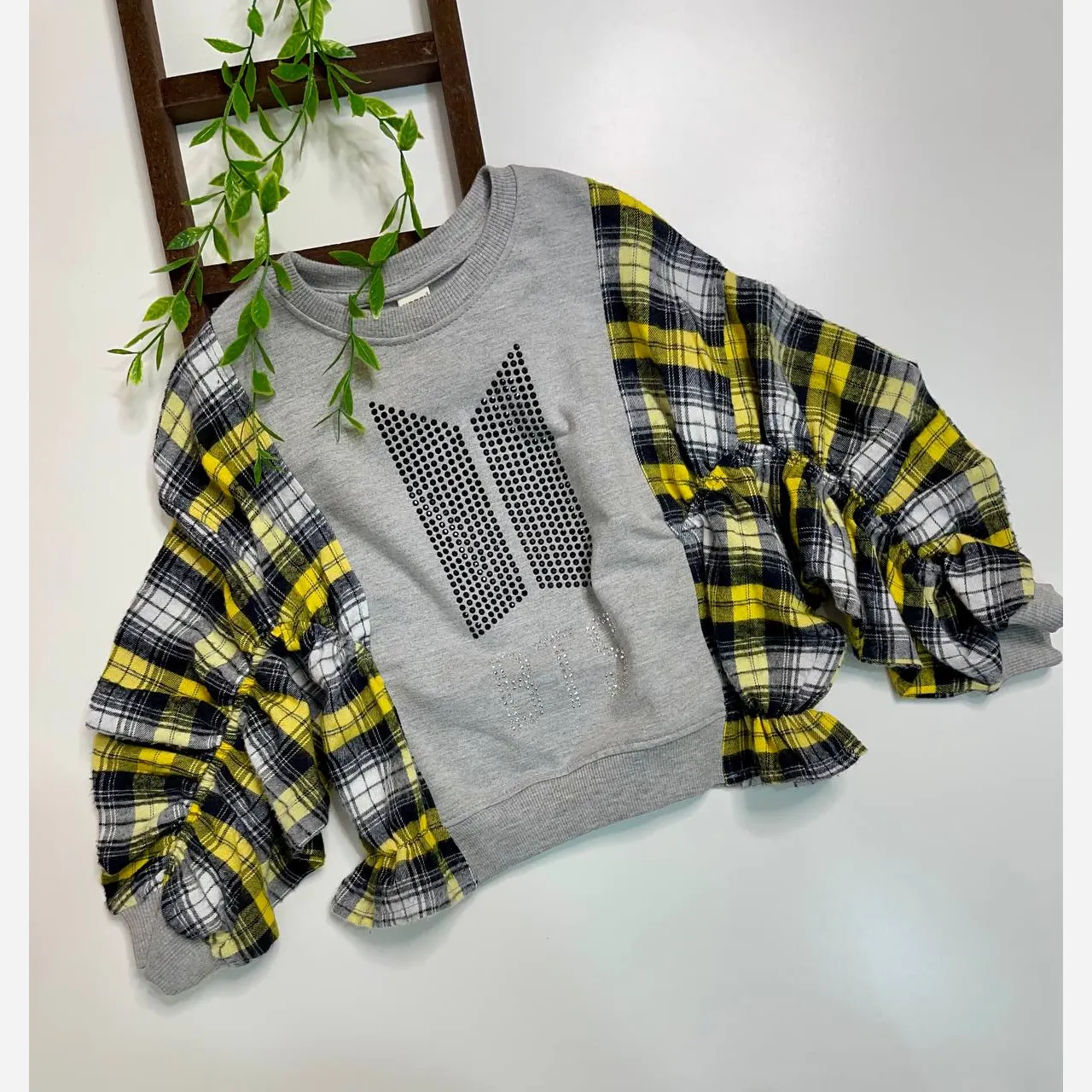 کراپ پاییزه دخترانه طرح BTS بلوز دورس پنبهای سایز 5 تا 10 سال
