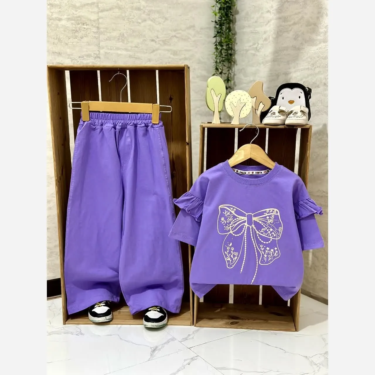 ست تیشرت و شلوار بگ دخترانه پاپیونی پنبه لاکرا سایز 45 تا 60