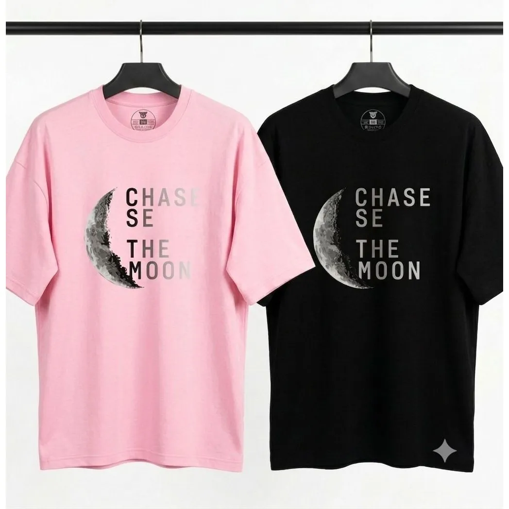 تیشرت مردانه و زنانه فانتزی نخ پنبه طرح CHASE THE MOON رنگ مشکی و صورتی