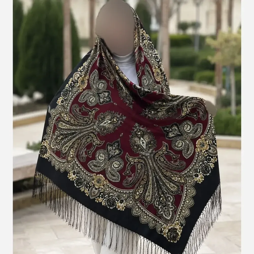 روسری نخی ترکمن قواره 140 در 140 رنگی سنتی چهار فصل