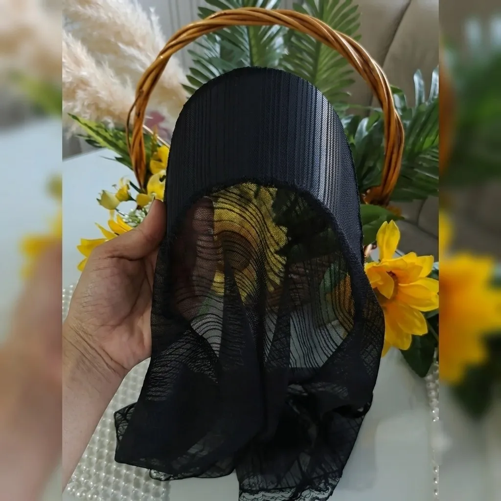 مینی اسکارف نقابدار تور دیپلمات مشکی سرمه ای قهوه ای دور گیپور دوزی شده خنک تابستانی