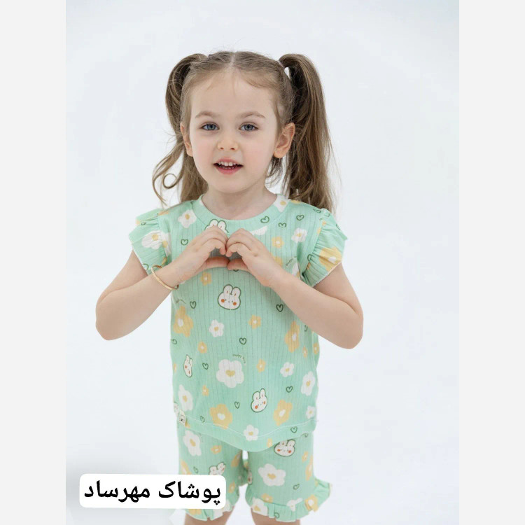 ست راحتی دخترانه تیشرت و شلوارک طرح خرگوش و پلنگی پنبه کبریتی