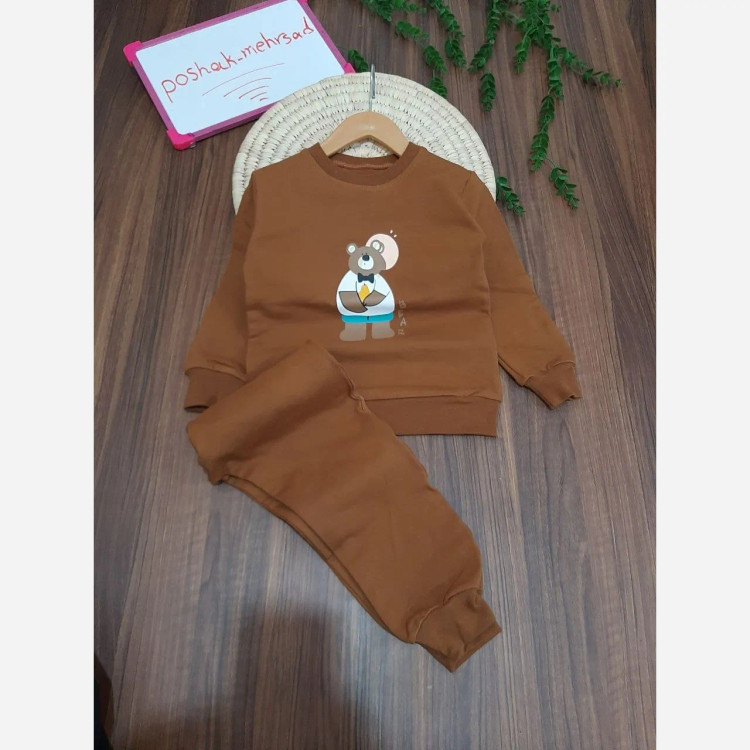 ست بلوز شلوار تدی اسپرت دخترانه و پسرانه دورس پنبه سبز و قهوه ای سایز 45 تا 55