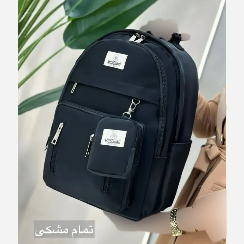 کوله پشتی زرین دیبا ضد آب با کیفیت عالی و سه زیپ و جای قمقمه اندازه 40*28 سانت مشکی کرم و تمام مشکی