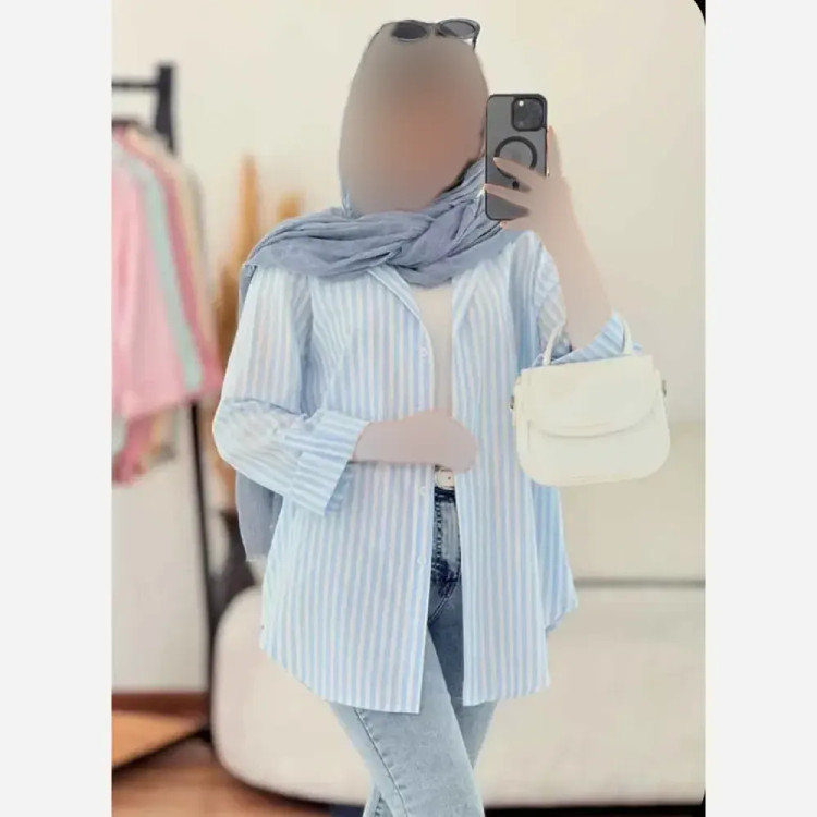 شومیز راه راه لینن تابستانه خنک آستین پاگن دار جیب دار سایز 36 تا 46