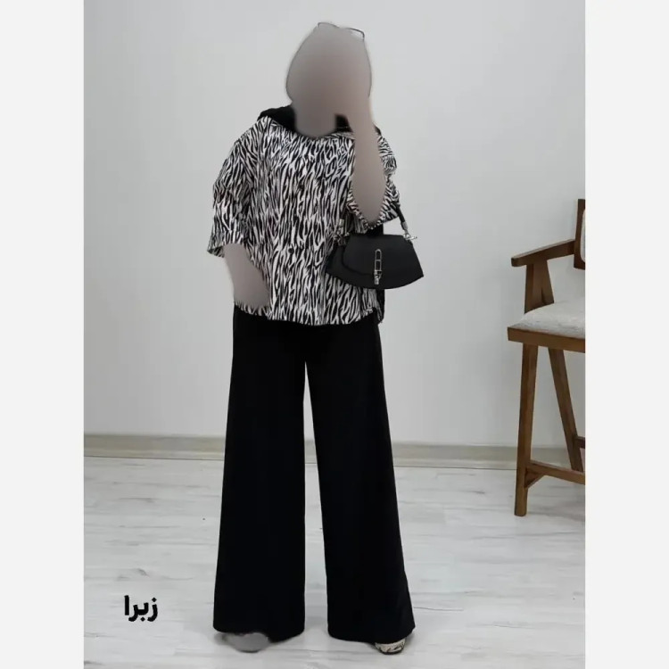 ست شومیز و شلوار طرح دار کرپ بوگاتی فری سایز 38 تا 46