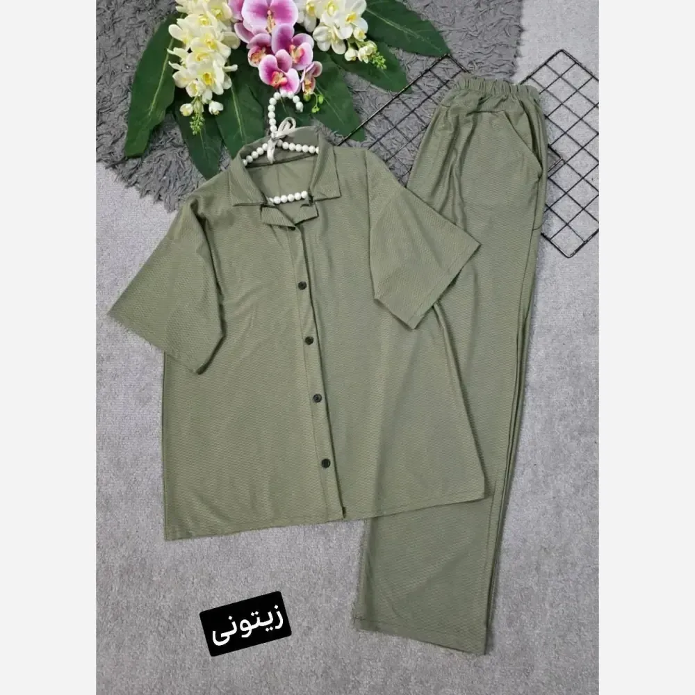 ست بلوز و شلوار زنانه جنس بیسکویتی فری سایز