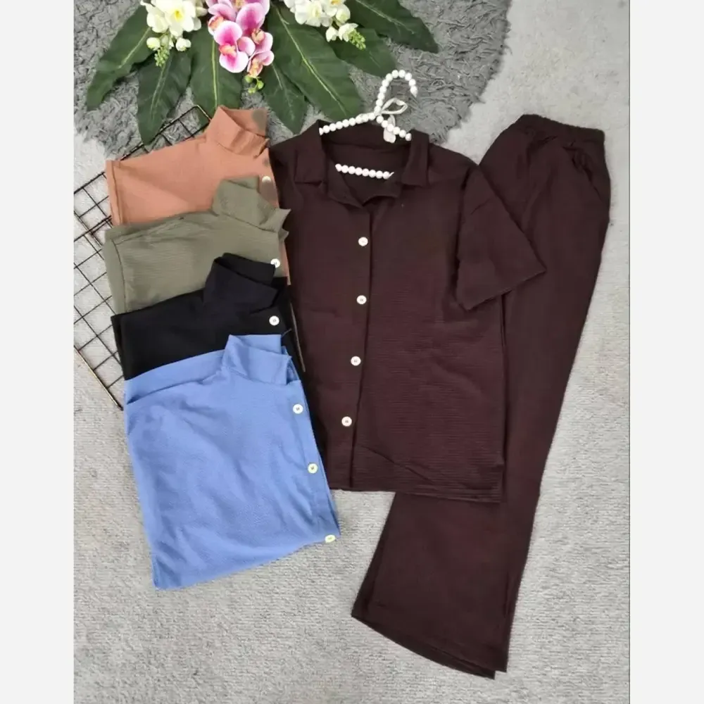 ست بلوز و شلوار زنانه جنس بیسکویتی فری سایز