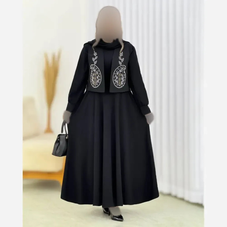 پیراهن پر چین و جلیقه نگین کاری زنانه فری سایز 38 تا 46 قد 135 سانت جنس الیزه و مازراتی