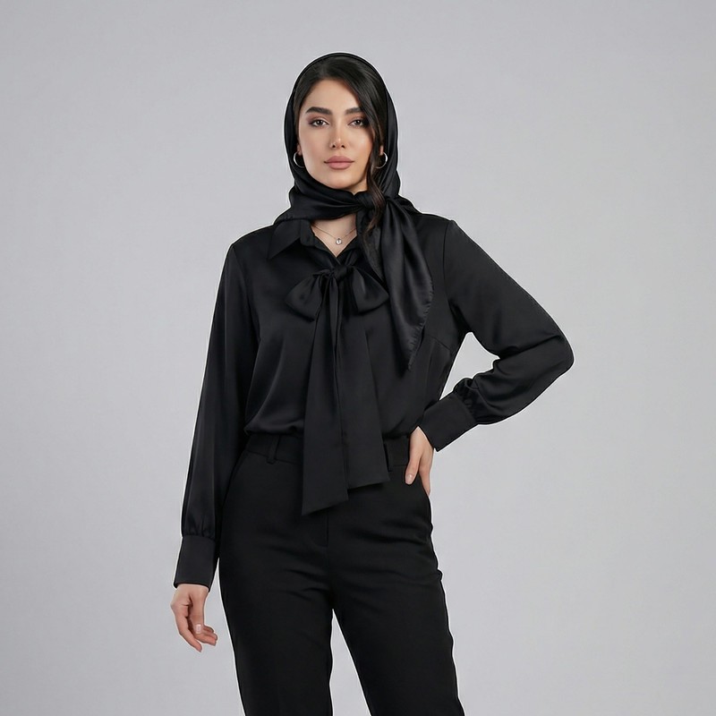 شومیز زنانه آستین بلند ساتن السانا مدل ریماس با یقه برگردان و تنخور معمولی مناسب استفاده روزمره و مهمانی