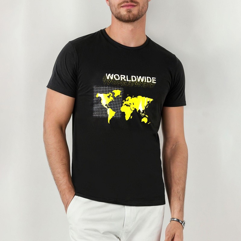 تی شرت آستین کوتاه مردانه موها فیتنس مدل WORLD WIDE