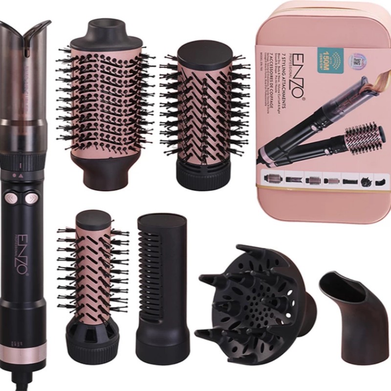 سشوار برسدار چرخشی انزو پروفیشینال مدل EN-760 7in1 با توان 1500 وات، موتور DC براشلس، تنظیمات دما و سرعت دو حالته، تک...