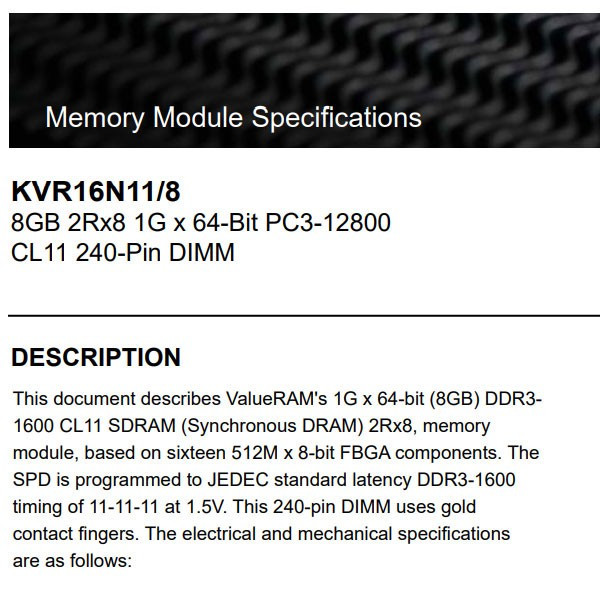 رم دسکتاپ DDR3 با ظرفیت 8 گیگابایت کینگستون مدل KVR16N11/8 PC3-12800، نوع ماژول DIMM، فرکانس 1600 مگاهرتز، تایمینگ CL...