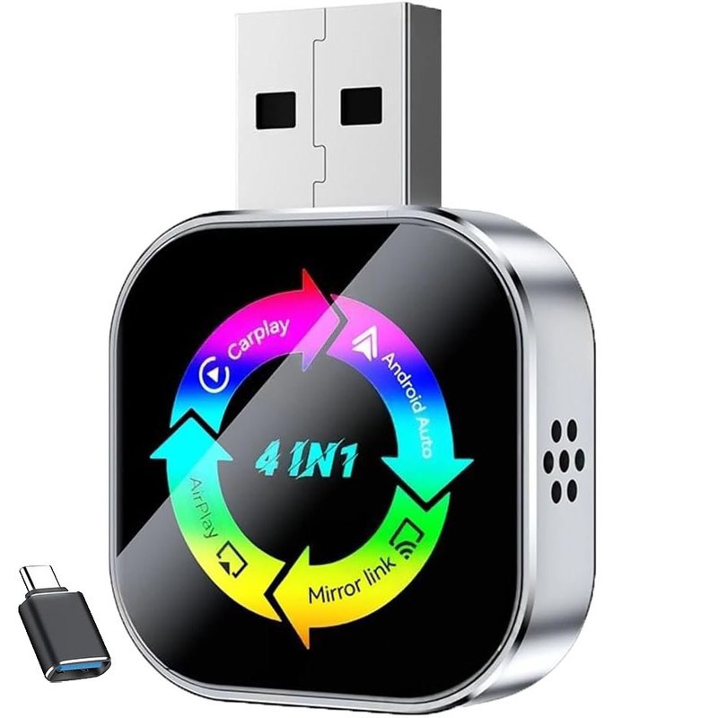 دانگل وایرلس کارپلی، اندروید اتو، میرور لینک و ایر پلی مدل 4in1 Q1AS به همراه مبدل USB به USB-C