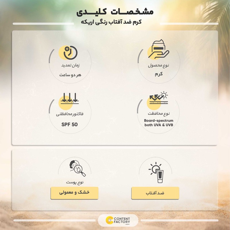 کرم ضد آفتاب رنگی صورت اریکه spf50 مدل Light Beige مناسب برای انواع پوست نرمال تا خشک حجم 50 میلیلیتر