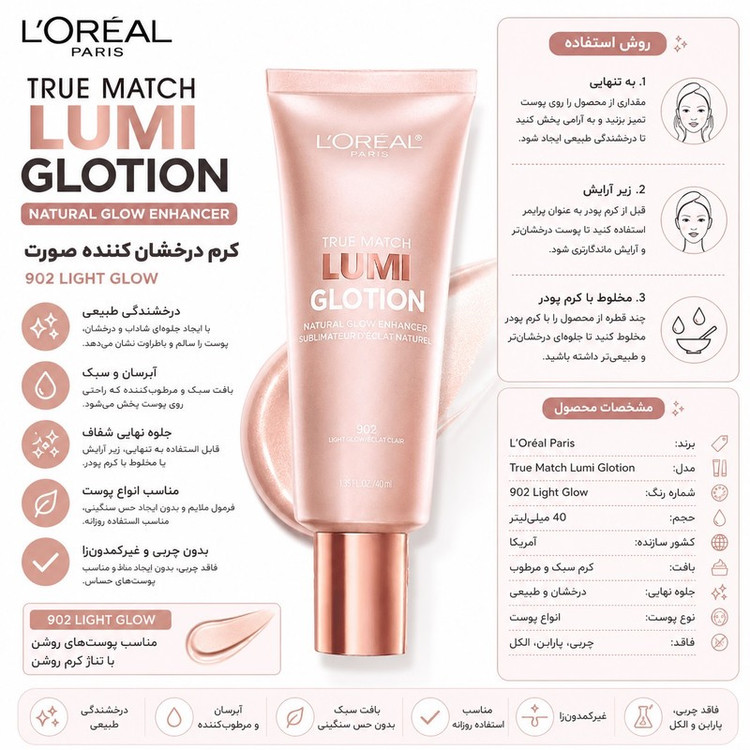 پرایمر صورت لورآل مدل Lumi Glotion مناسب انواع پوست حجم 40 میلیلیتر