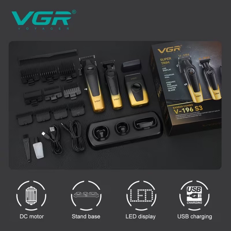 ست ماشین اصلاح موی سر و صورت و بدن شارژی وی جی ار مدل V-196 S3 مجموعه 3 عددی وزن 600 گرم با باتری لیتیمی 2000 میلیآمپ...