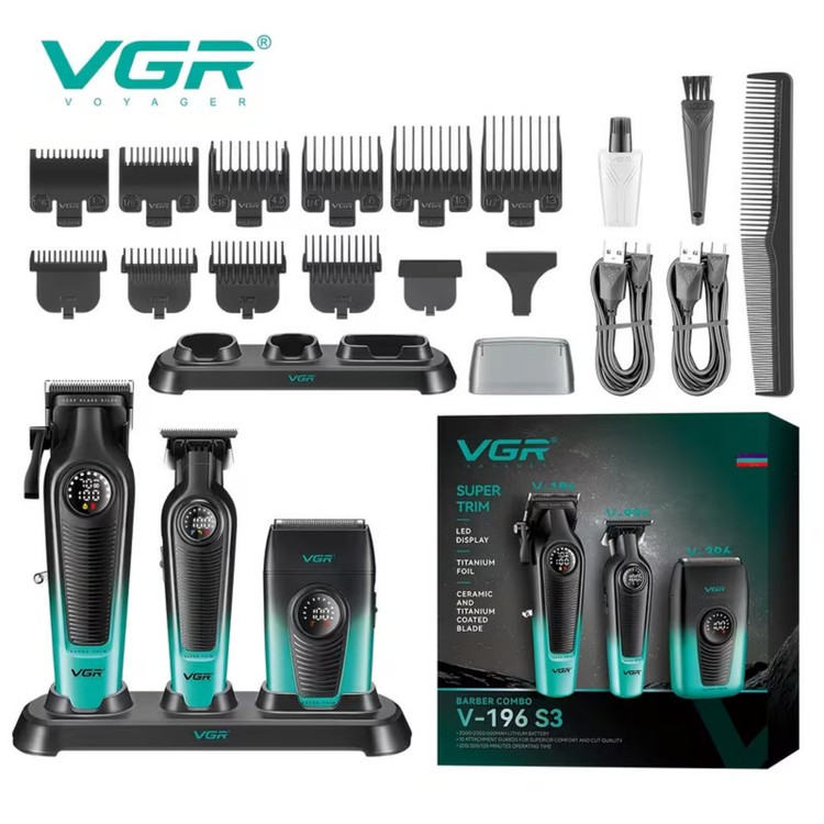 ست ماشین اصلاح موی سر و صورت و بدن شارژی وی جی ار مدل V-196 S3 مجموعه 3 عددی وزن 600 گرم با باتری لیتیمی 2000 میلیآمپ...