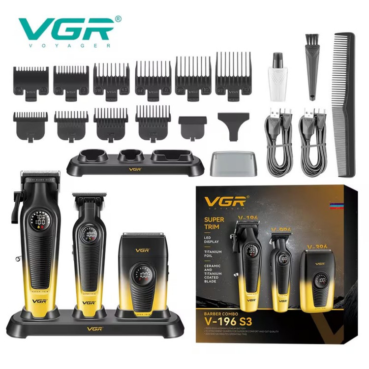 ست ماشین اصلاح موی سر و صورت و بدن شارژی وی جی ار مدل V-196 S3 مجموعه 3 عددی وزن 600 گرم با باتری لیتیمی 2000 میلیآمپ...