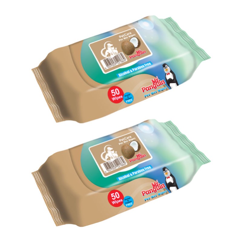دستمال مرطوب حیوانات خانگی مستر پنگوئن مدل Coconut وزن 300 گرم بسته 2 عددی