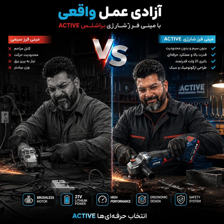 مینی فرز شارژی براشلس 115 میلی متری 21 ولت اکتیو مدل 115mm کد 7828