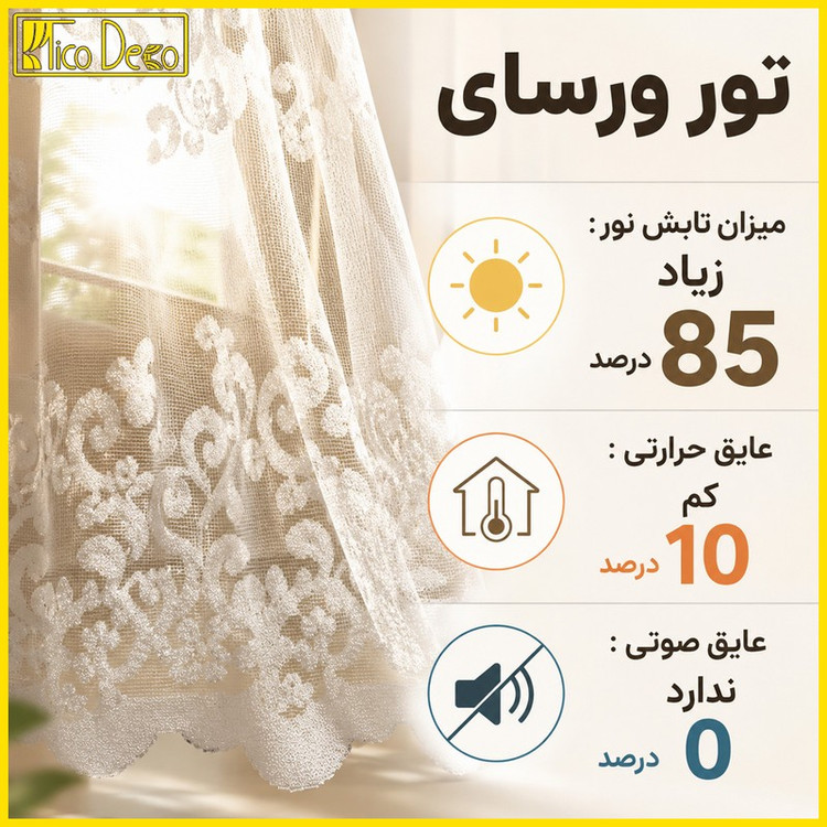 پرده پانچ تیکو دکو مدل تور راشل کادکا طرح ورسای دالبوردار سایز 280 300 سانتیمتر