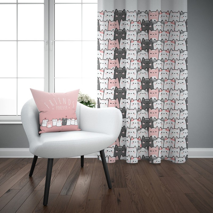 پرده مدل اتاق کودک طرح دخترانه گربه ملوس سایز 140x280 سانتی متر