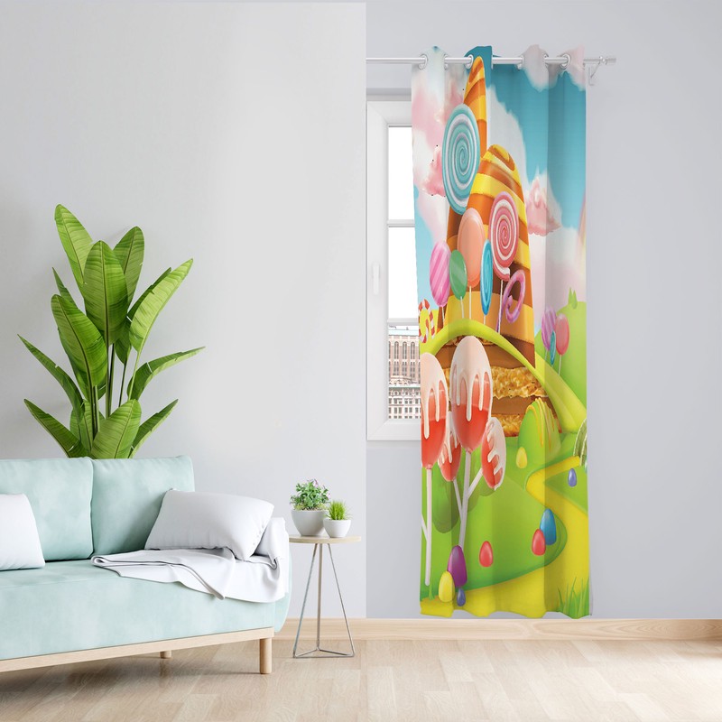 پرده مدل اتاق کودک مخمل پانچی طرح سرزمین آبنباتی کد 2380 سایز 140x280 سانتی متر