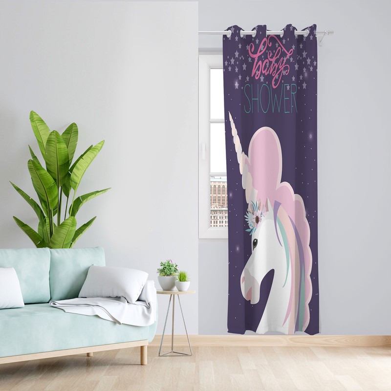 پرده مدل کودک مخمل پانچی طرح اسب تک شاخ کد 2142 سایز 200x140 سانتی متر
