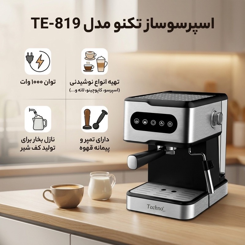 اسپرسوساز خانگی 1500 میلیلیتری تکنو مدل TE-819، با مصرف پودر قهوه، مناسب تهیه اسپرسو، کافه لاته، موکا، کاپوچینو، ماکی...